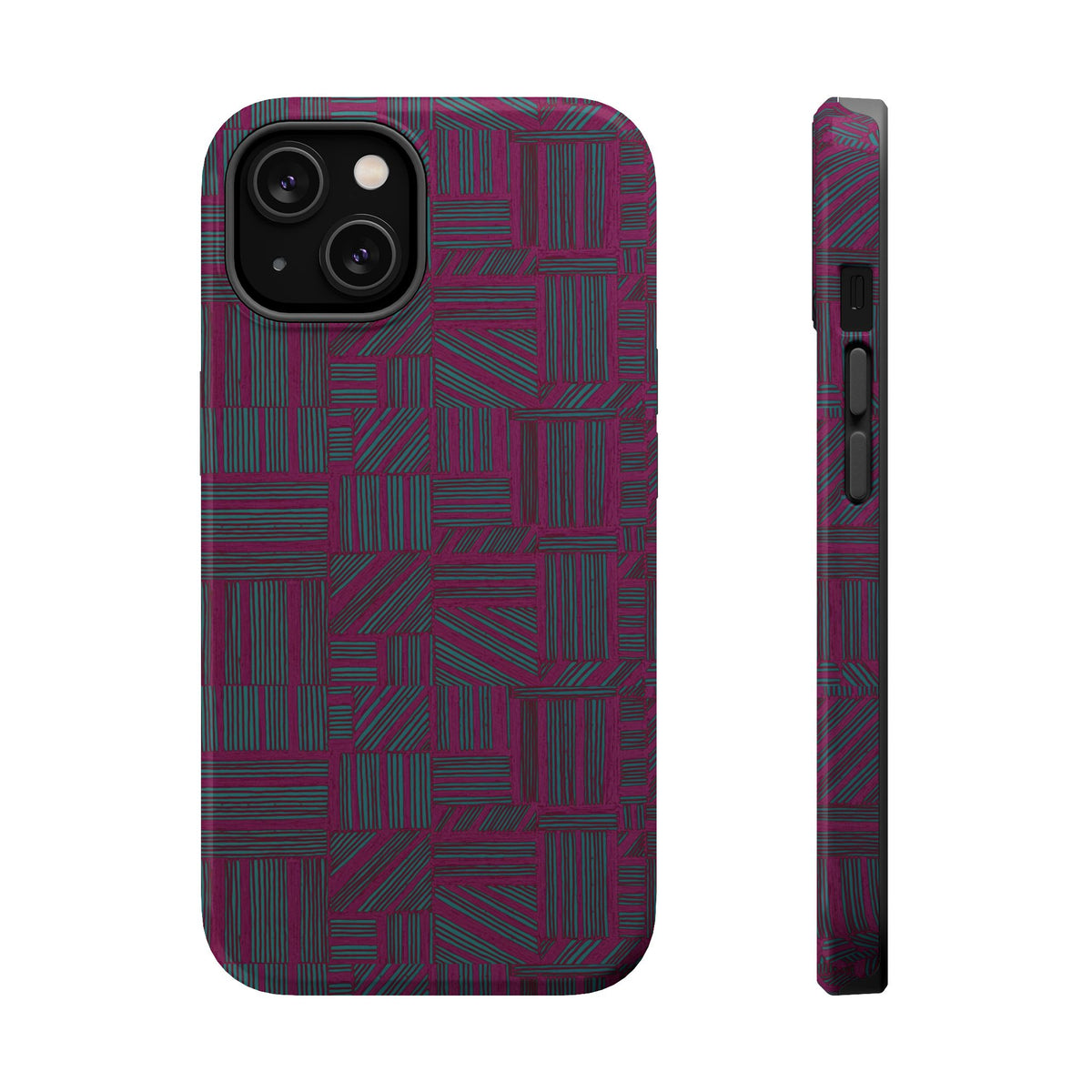 Slim Protective Phone Case With MagSafe, Dual-Layer Impact Protection, Plum Geometric Design, shown from the back and side with precise button openings; slim protective iphone 16 promax  case.