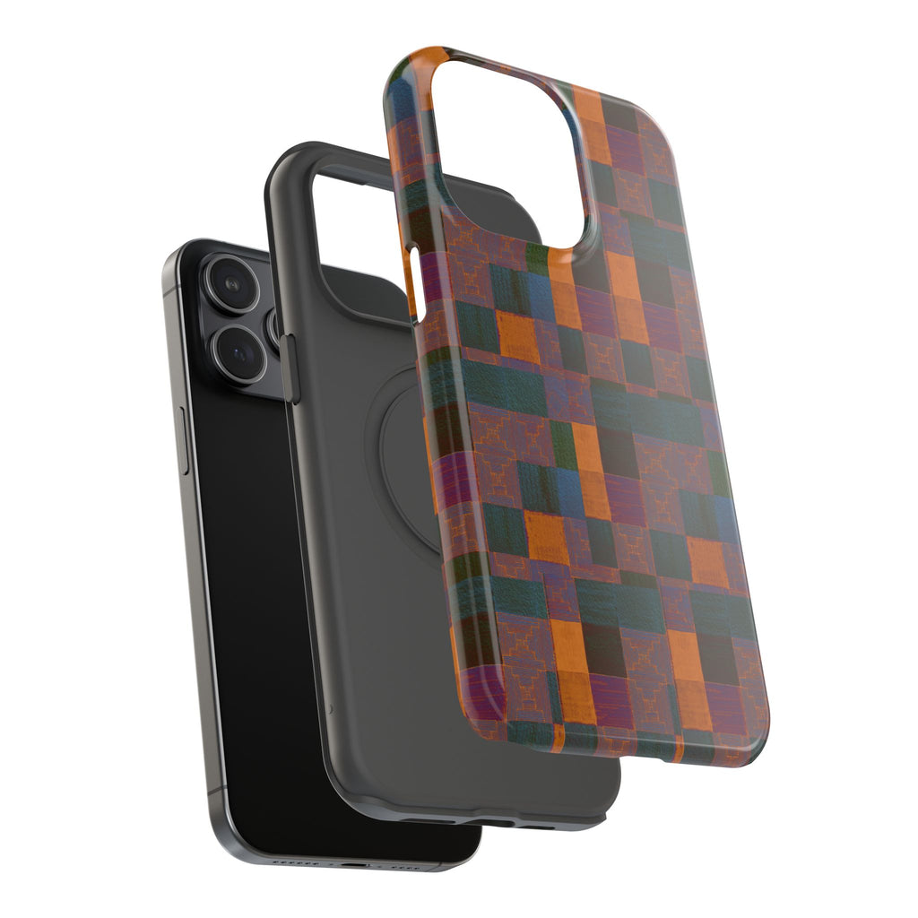 Impact-Resistant Phone Case — Retro Checkerboard Pattern, Fractyl wireless charging iphone 18 pro case with a full-wrap patchwork print in warm earthy tones.