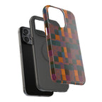 Impact-Resistant Phone Case — Retro Checkerboard Pattern, Fractyl wireless charging iphone 18 pro case with a full-wrap patchwork print in warm earthy tones.