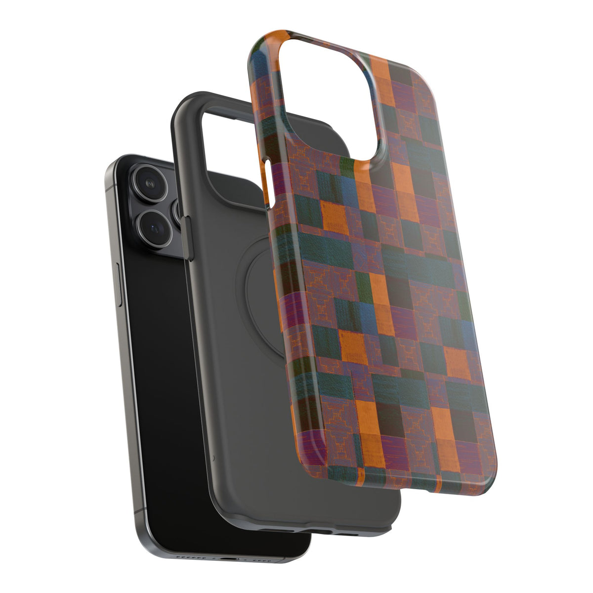 Impact-Resistant Phone Case — Retro Checkerboard Pattern, Fractyl wireless charging iphone 18 pro case with a full-wrap patchwork print in warm earthy tones.