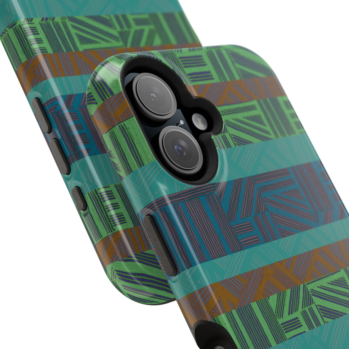 Geometric Green Wireless Charging iPhone 16 Pro Max Case - Impact-Resistant Dual-Layer
