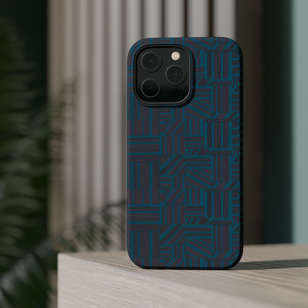 Impact Resistant Phone Case-20% OFF Entire Order, And Free Shipping, Teal Geometric MagSafe case standing on a table in a home setting; impact resistant iphone 17 case-20% OFF Entire Order, and Free Shipping.