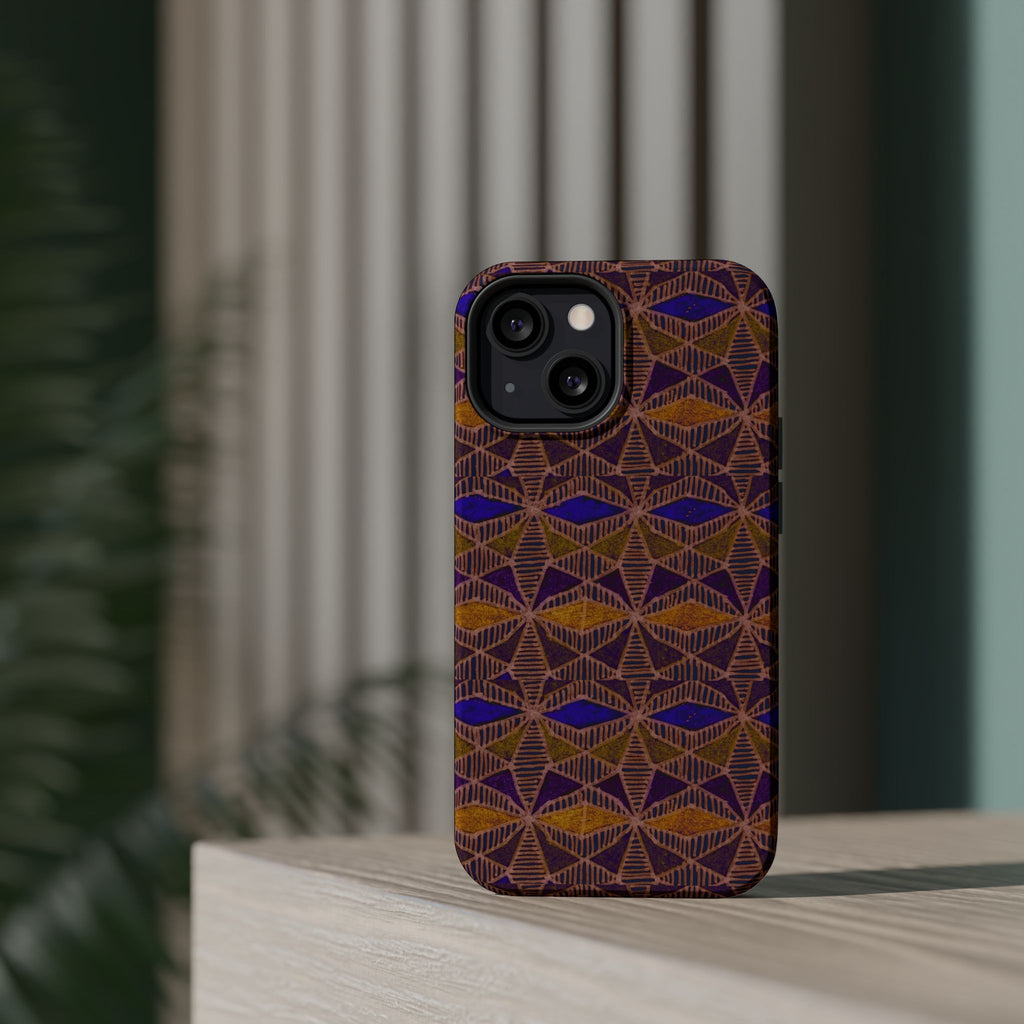 Phone Case — Geometric Tribal Pattern Magnetic Impact-Resistant Case, Fractyl impact resistant iphone 16 pro case presented in an exploded view showing layered protection and MagSafe-style magnet alignment.