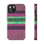 Fractyl glossy protective iphone 18 pro max case, Geometric Stripes Tough Phone Case — Purple & Teal Tribal Pattern, front and side view