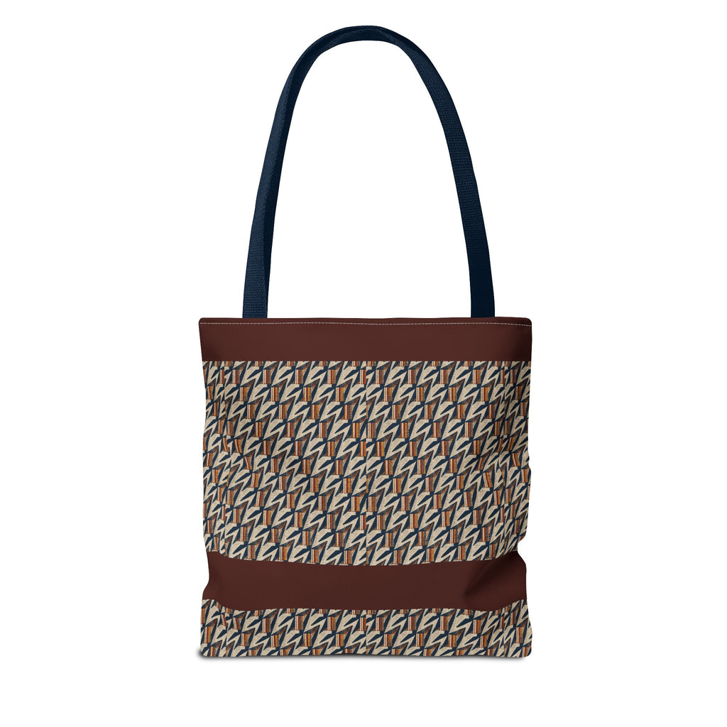 Geometric Retro Stripe Tote Bag – Vintage Brown Patterned AOP Tote with navy handles and geometric print, large everyday cotton tote