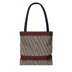 Geometric Retro Stripe Tote Bag – Vintage Brown Patterned AOP Tote with navy handles and geometric print, large everyday cotton tote