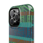 Green Geometric Stripe Phone Case — Impact-Resistant, wireless charging iphone 16 pro max case displayed beside a compatible black smartphone.