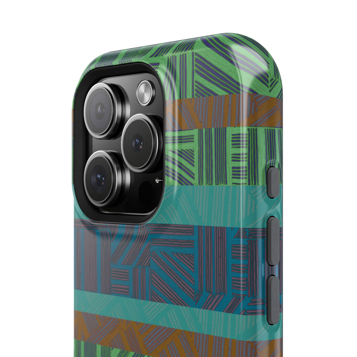 Green Geometric Stripe Phone Case — Impact-Resistant, wireless charging iphone 16 pro max case displayed beside a compatible black smartphone.