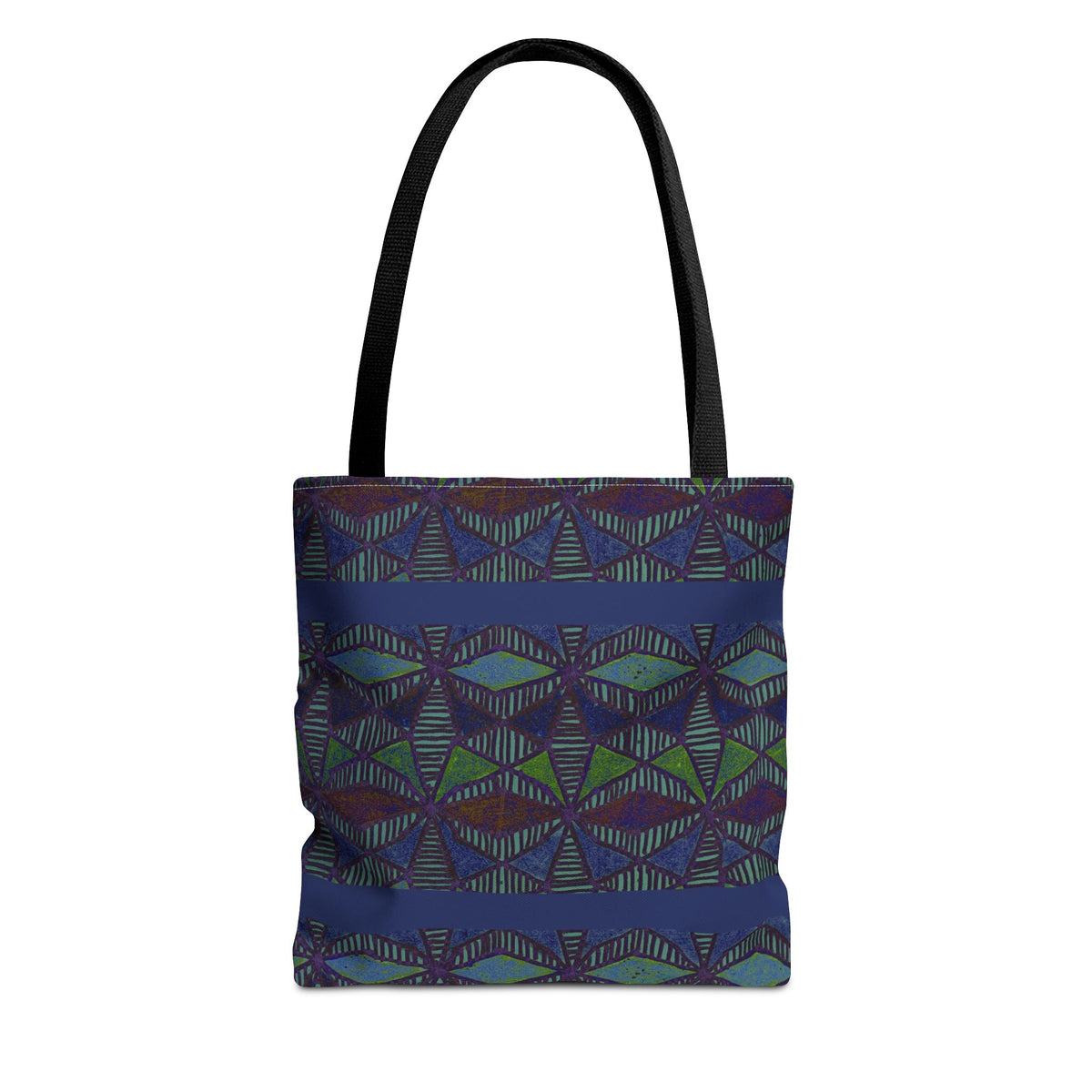 Geometric Indigo Printed Canvas Market Tote With Reinforced Handles And Boxed Corners, large cotton tote with black handles