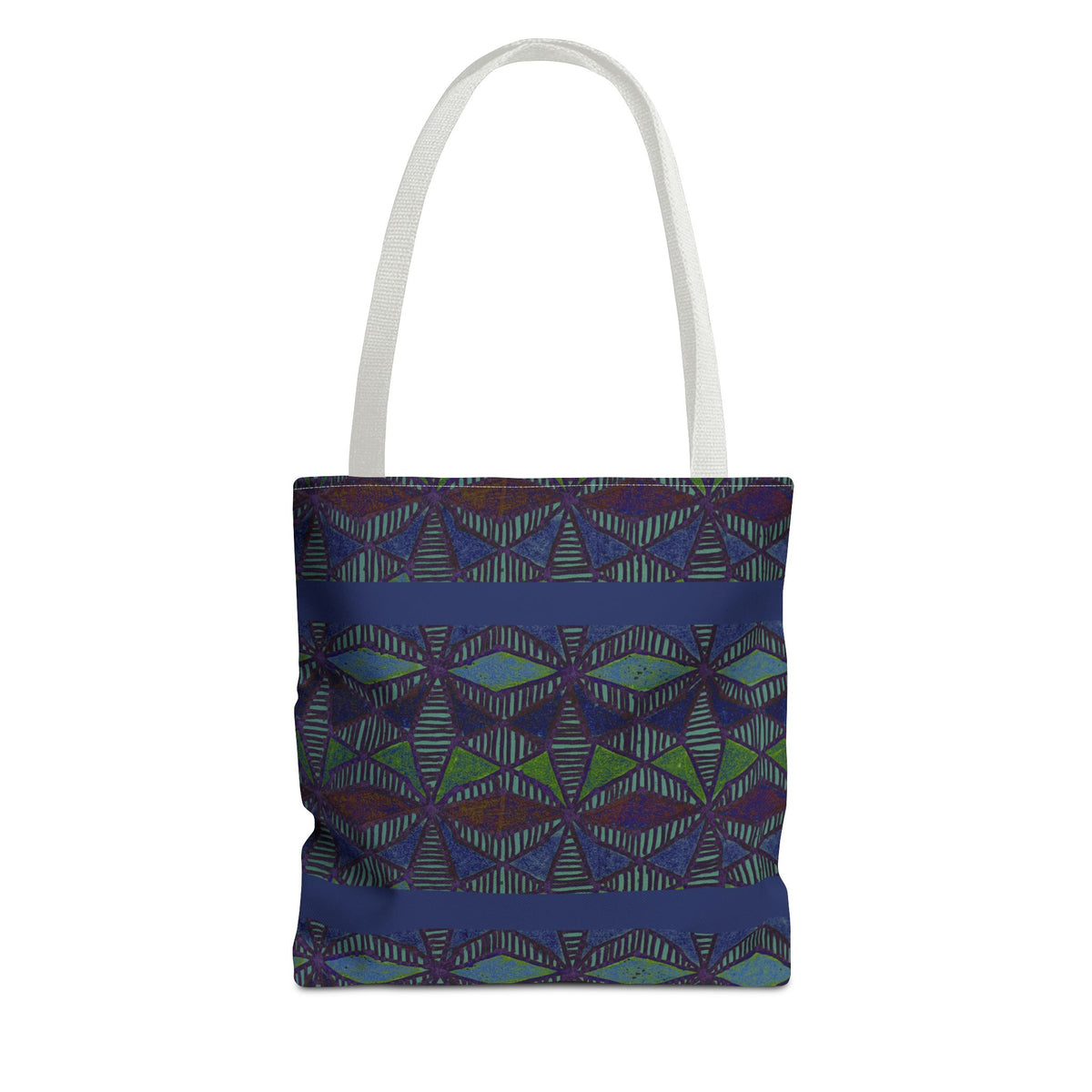 Geometric Indigo Printed Canvas Market Tote With Reinforced Handles And Boxed Corners, large cotton tote with white handles