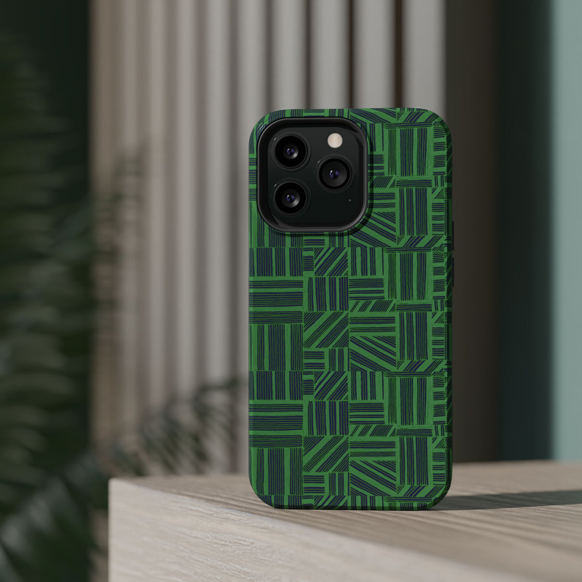 Green Magnetic Phone Case — 2-Layer Geometric MagSafe-Compatible Impact-Resistant Cover, green magnetic phone case- price match with CASETiFY and Casely, bottom edge detail with protected ports and openings.