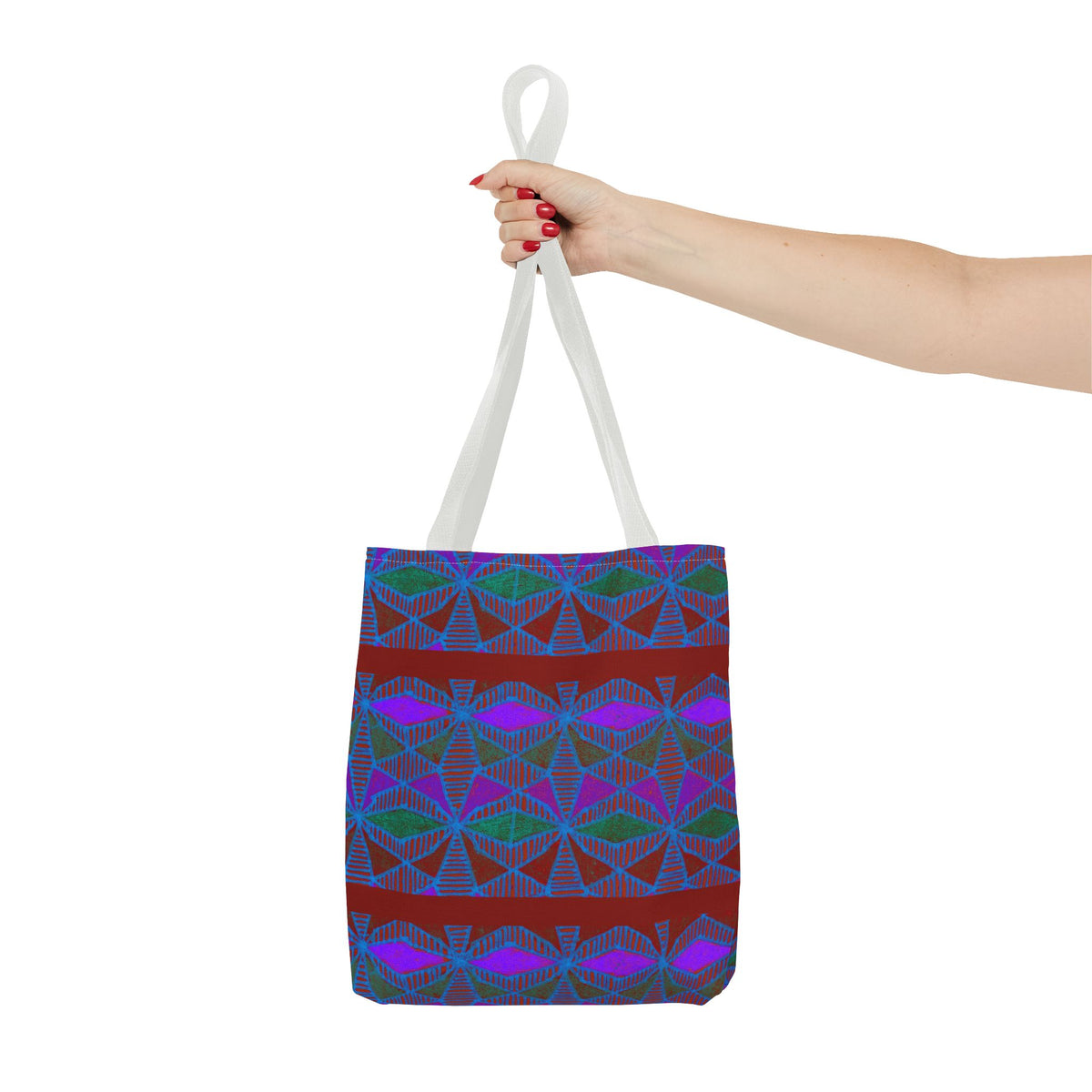 Geometric Heart Pattern Tote Bag — Vintage Tribal All-Over Print, hand-held geometric canvas tote bag with white handles and colorful pattern