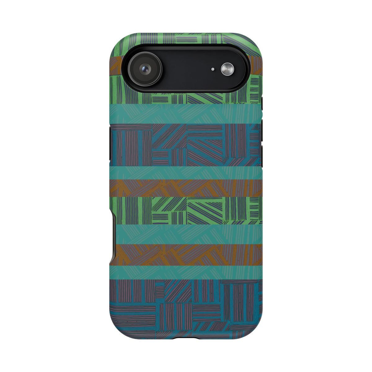 Green Geometric Stripe Phone Case — Impact-Resistant, wireless charging iphone 16 pro max case with camera opening and side controls clearly visible.