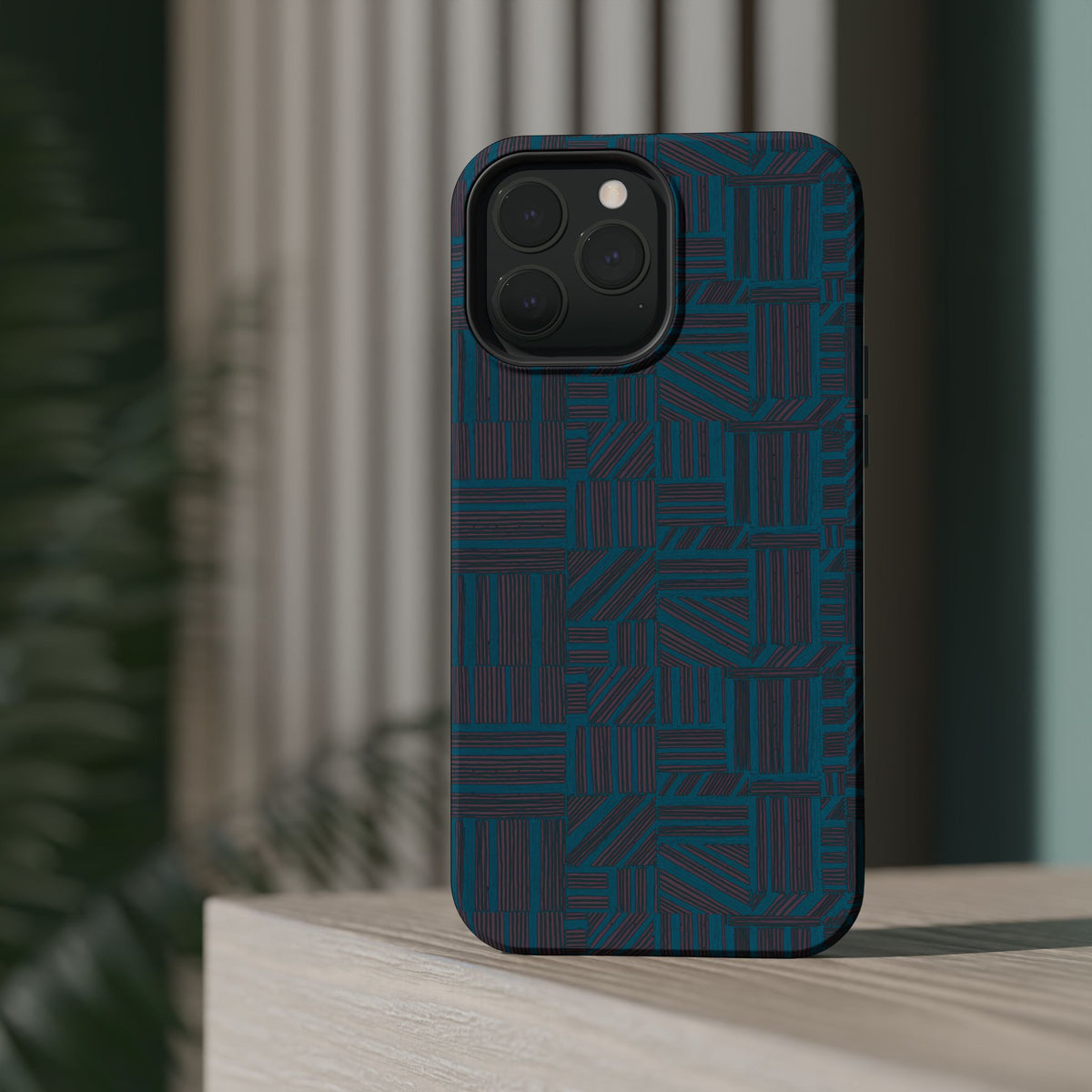 Impact Resistant Phone Case-20% OFF Entire Order, And Free Shipping, Teal Geometric MagSafe case close-up with camera protection and side buttons; impact resistant iphone 17 case-20% OFF Entire Order, and Free Shipping.