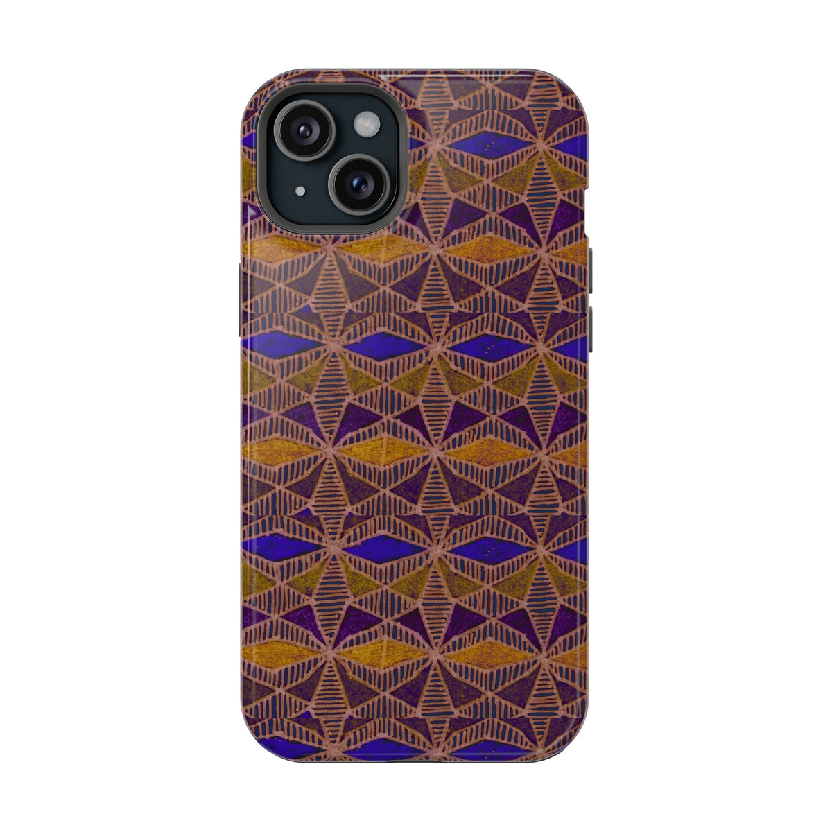 Phone Case — Geometric Tribal Pattern Magnetic Impact-Resistant Case, Fractyl impact resistant iphone 16 pro case shown with vivid purple and ochre geometric details.