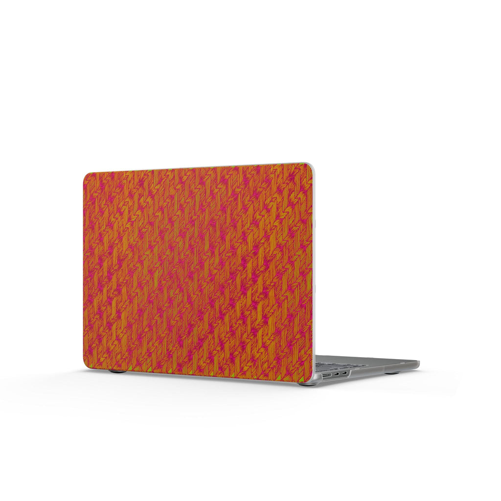 Another angle of the Orange Pink Houndstooth Matte MacBook Case, emphasizing its eye-catching retro pattern. This dynamic retro MacBook skin is a must-have for back to school shopping, catering to college laptop needs with its colorful case. Perfect for female students looking for a creative laptop style, this protective skin serves as a fantastic tech gift that balances art and utility perfectly.
