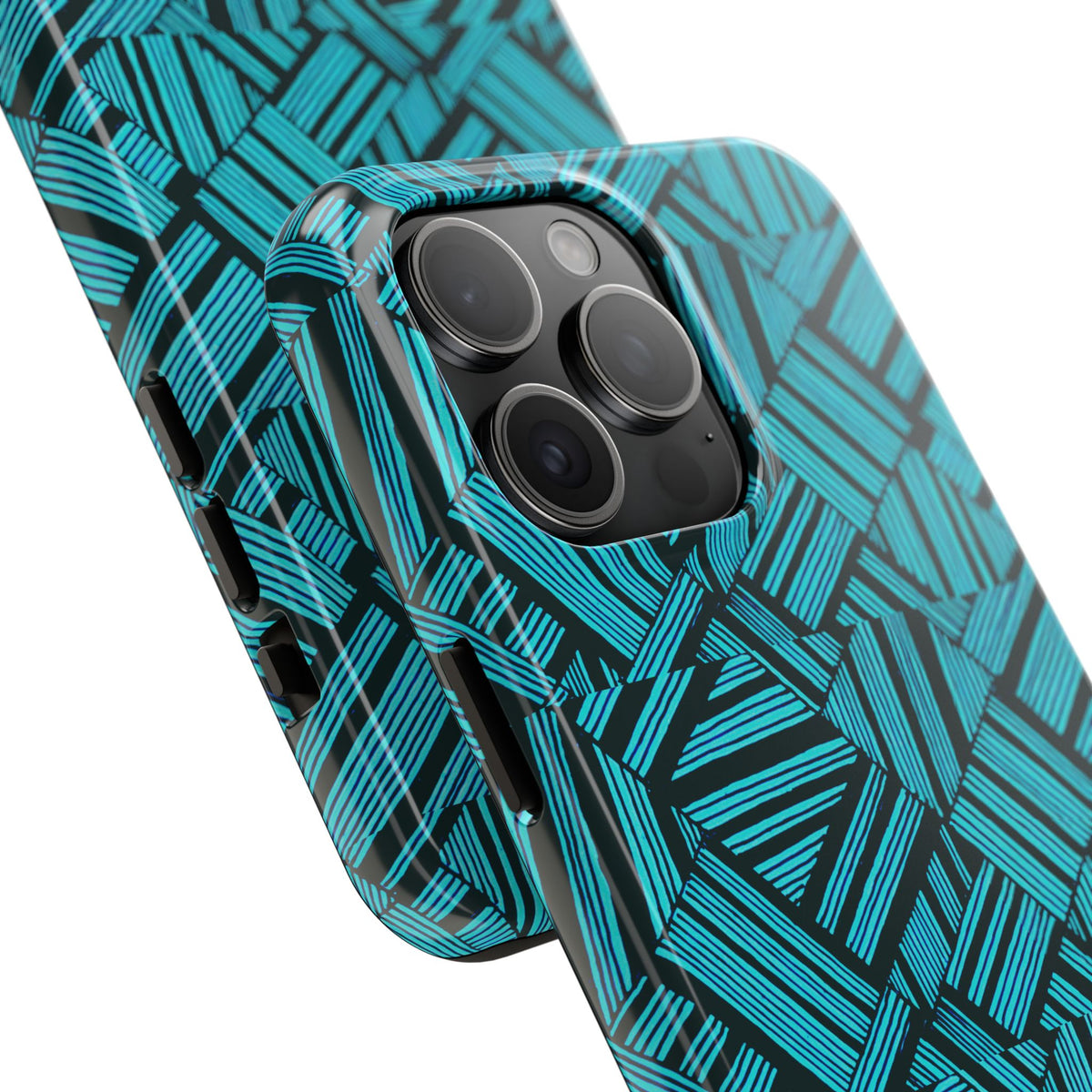 Teal Geometric Tough Phone Case — Durable Protective Phone Case with Modern Stripe Pattern, geometric teal shell and black liner of a shockproof iphone 18 pro max case