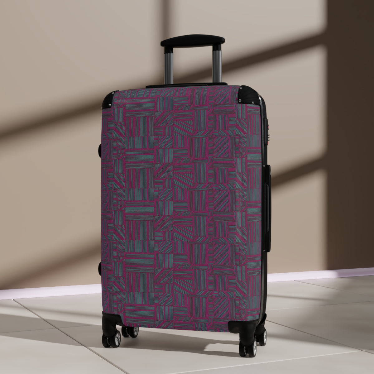 Geometric Plum Carry-On Suitcase – Stylish Patterned Rolling Luggage, three-quarter indoor view of an expandable carry on suitcase showcasing its colorful geometric front, black protective corners, and telescopic handle.