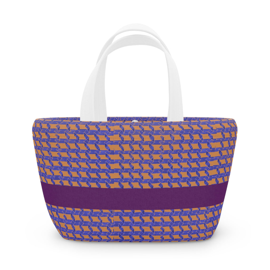 Stylish insulated geometric lunch bag in purple and orange woven stripe design, perfect as an everyday tote, kids lunch, or office lunch. This reusable lunch bag offers a patterned lunch option ideal for picnics, school lunches, and work lunches.