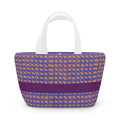 Stylish insulated geometric lunch bag in purple and orange woven stripe design, perfect as an everyday tote, kids lunch, or office lunch. This reusable lunch bag offers a patterned lunch option ideal for picnics, school lunches, and work lunches.