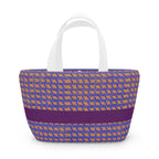Stylish insulated geometric lunch bag in purple and orange woven stripe design, perfect as an everyday tote, kids lunch, or office lunch. This reusable lunch bag offers a patterned lunch option ideal for picnics, school lunches, and work lunches.