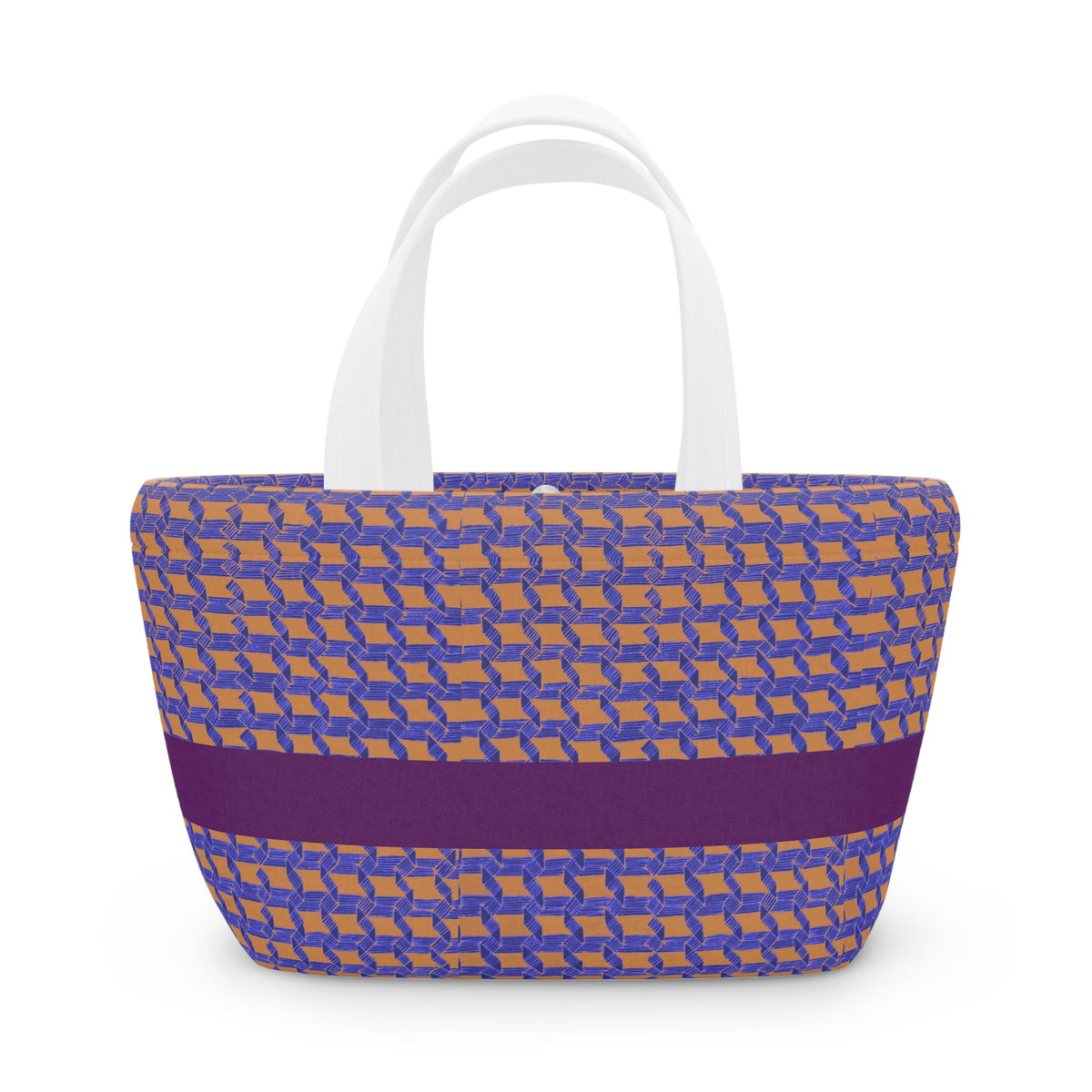 Stylish insulated geometric lunch bag in purple and orange woven stripe design, perfect as an everyday tote, kids lunch, or office lunch. This reusable lunch bag offers a patterned lunch option ideal for picnics, school lunches, and work lunches.
