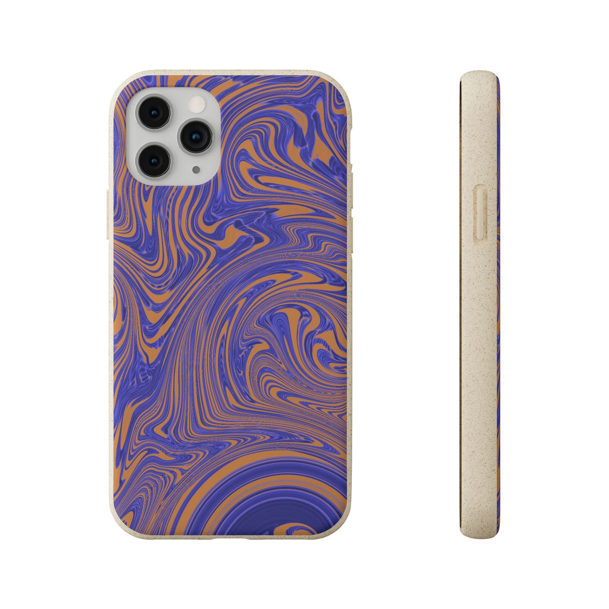 Biodegradable Marble Swirl Phone Case — Purple & Orange Eco-Friendly Protective Cover, close-up back view; protective biodegradable case _CASETiFY5 alternative.