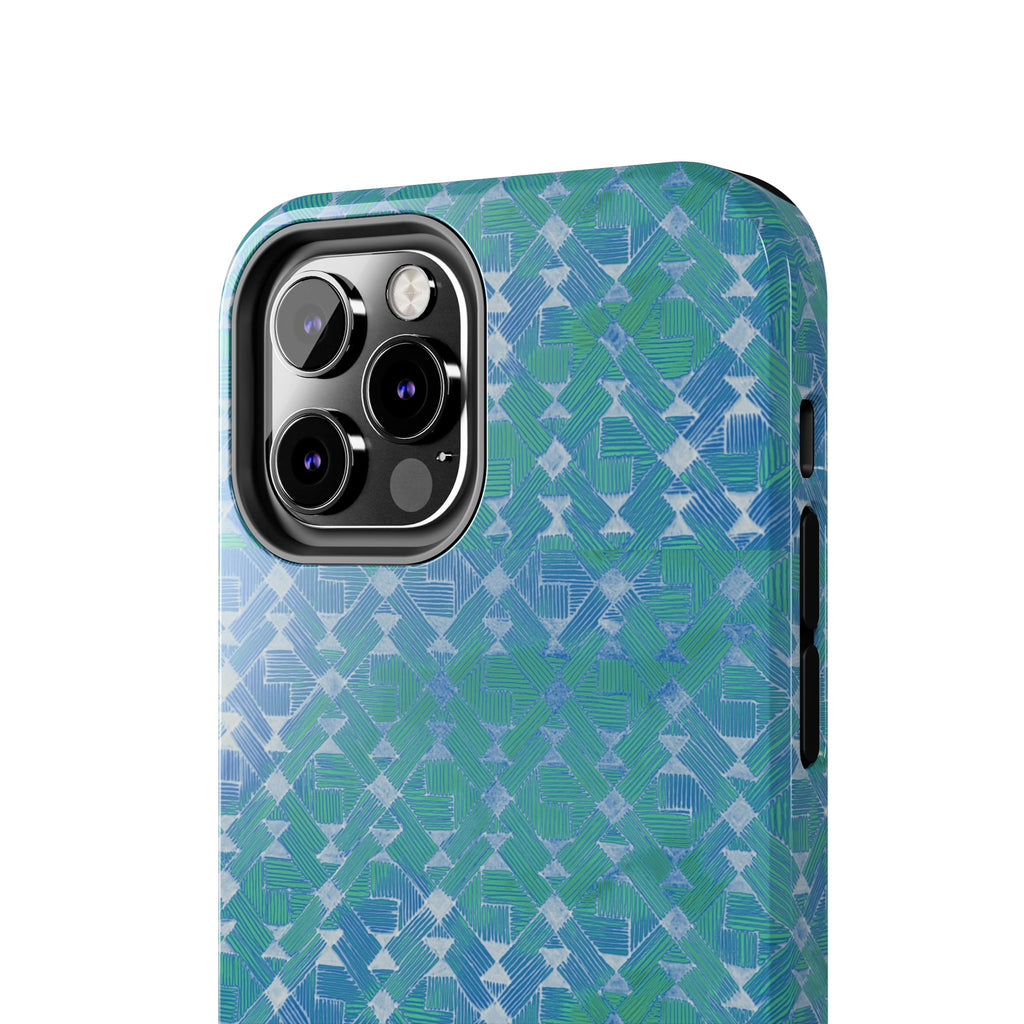 Tough Phone Case — Blue-Green Geometric Watercolor Pattern, shockproof iphone 17 pro case elevated camera bezel