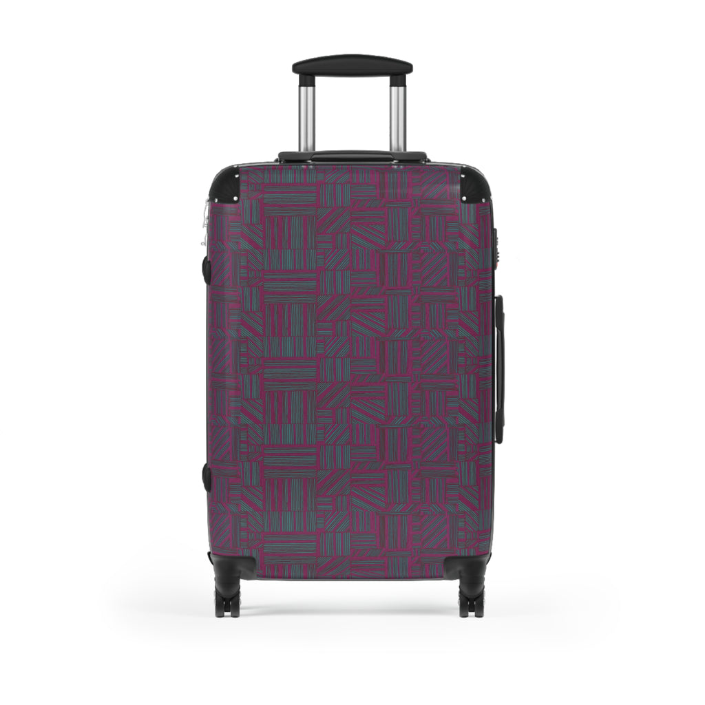 Geometric Plum Carry-On Suitcase – Stylish Patterned Rolling Luggage, straight-on front view of an expandable carry on suitcase with colorful geometric pattern and smooth rolling wheels.