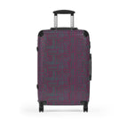 Geometric Plum Carry-On Suitcase – Stylish Patterned Rolling Luggage, straight-on front view of an expandable carry on suitcase with colorful geometric pattern and smooth rolling wheels.