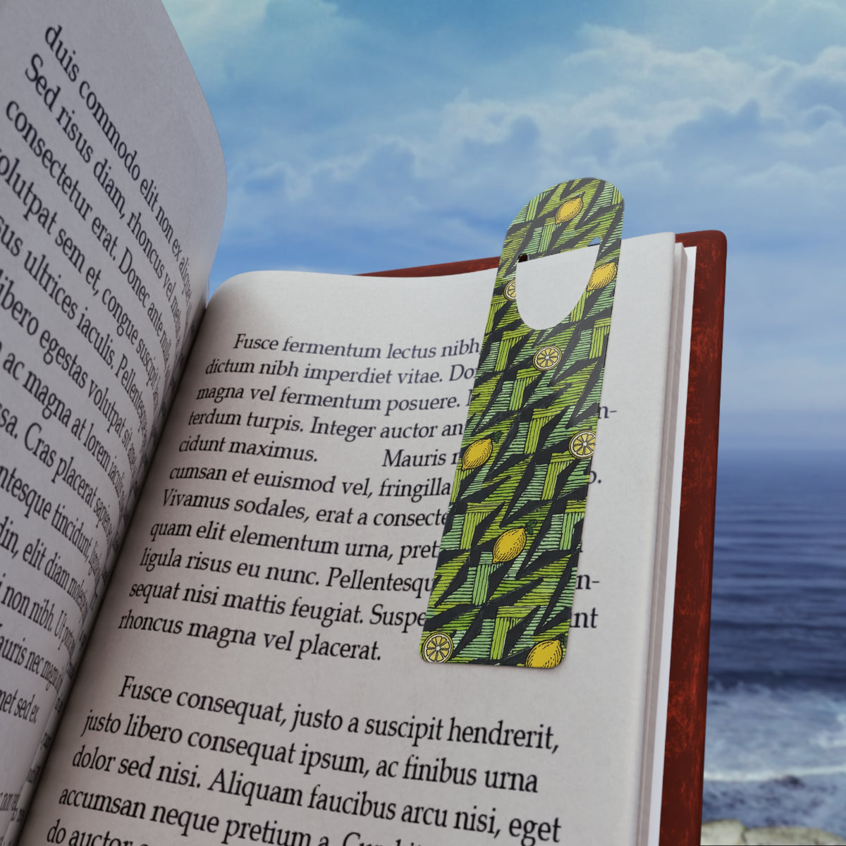 Lemon Geometric Metal Bookmark — Green Patterned Page Marker