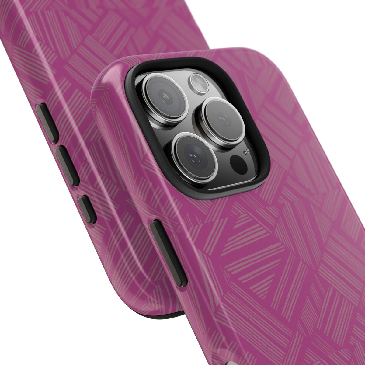 Magenta Geo Pattern Tough Phone Case — Protective Floral-Style Abstract Design, wireless charging iphone 18 pro case with open camera and button areas.