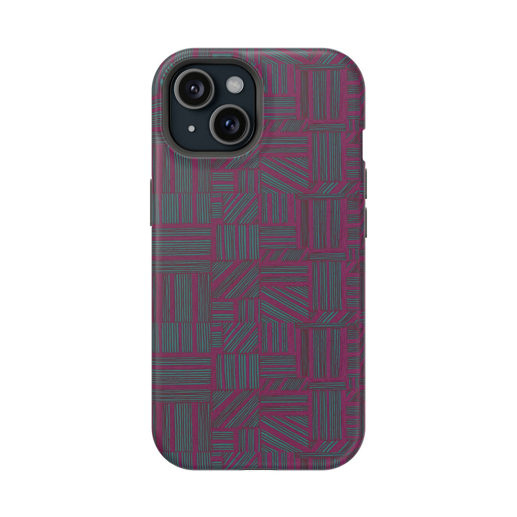 Slim Protective Phone Case With MagSafe, Dual-Layer Impact Protection, Plum Geometric Design, side view of slim buttons and durable case frame; slim protective iphone 16 promax  case.