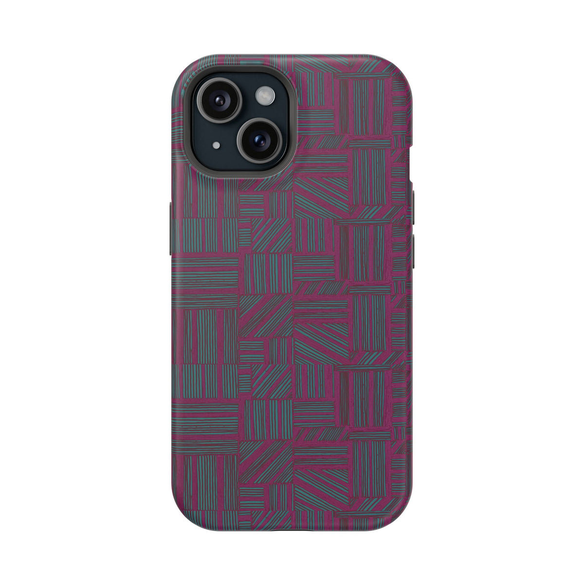Slim Protective Phone Case With MagSafe, Dual-Layer Impact Protection, Plum Geometric Design, side view of slim buttons and durable case frame; slim protective iphone 16 promax  case.