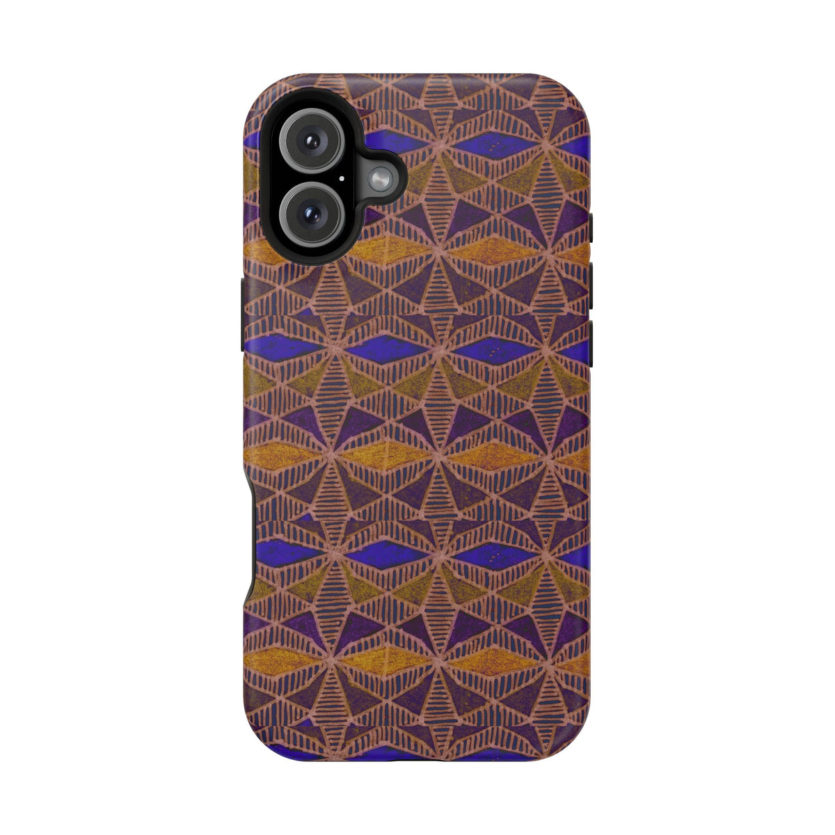 Phone Case — Geometric Tribal Pattern Magnetic Impact-Resistant Case, Fractyl impact resistant iphone 16 pro case in a protective brown, purple, and amber finish.