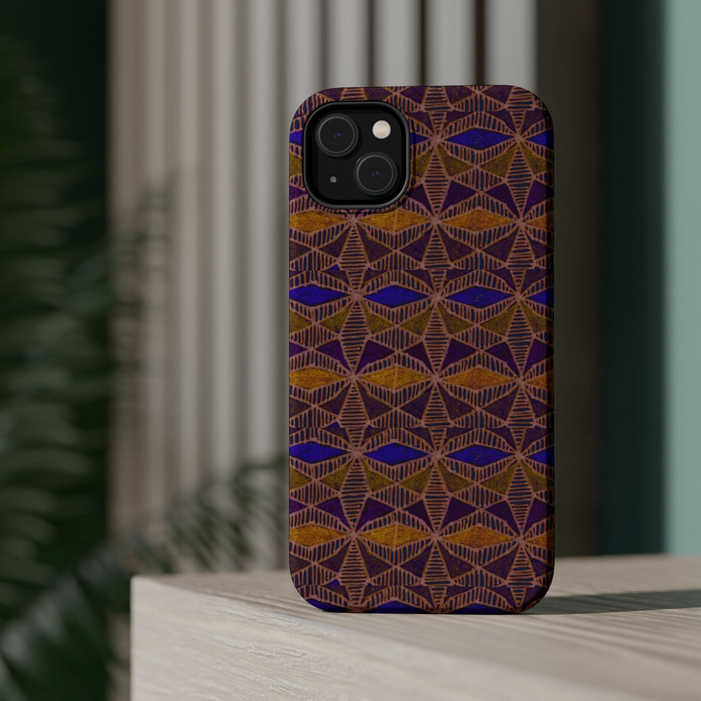 Phone Case — Geometric Tribal Pattern Magnetic Impact-Resistant Case, Fractyl impact resistant iphone 16 pro case in a stylish purple and copper geometric pattern.