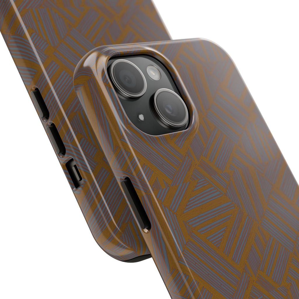 Tough Phone Case — Geometric Maze Brown Protective Cover, wireless charging iphone 18 pro max case highlighting the glossy geometric finish in use.
