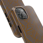 Tough Phone Case — Geometric Maze Brown Protective Cover, wireless charging iphone 18 pro max case highlighting the glossy geometric finish in use.