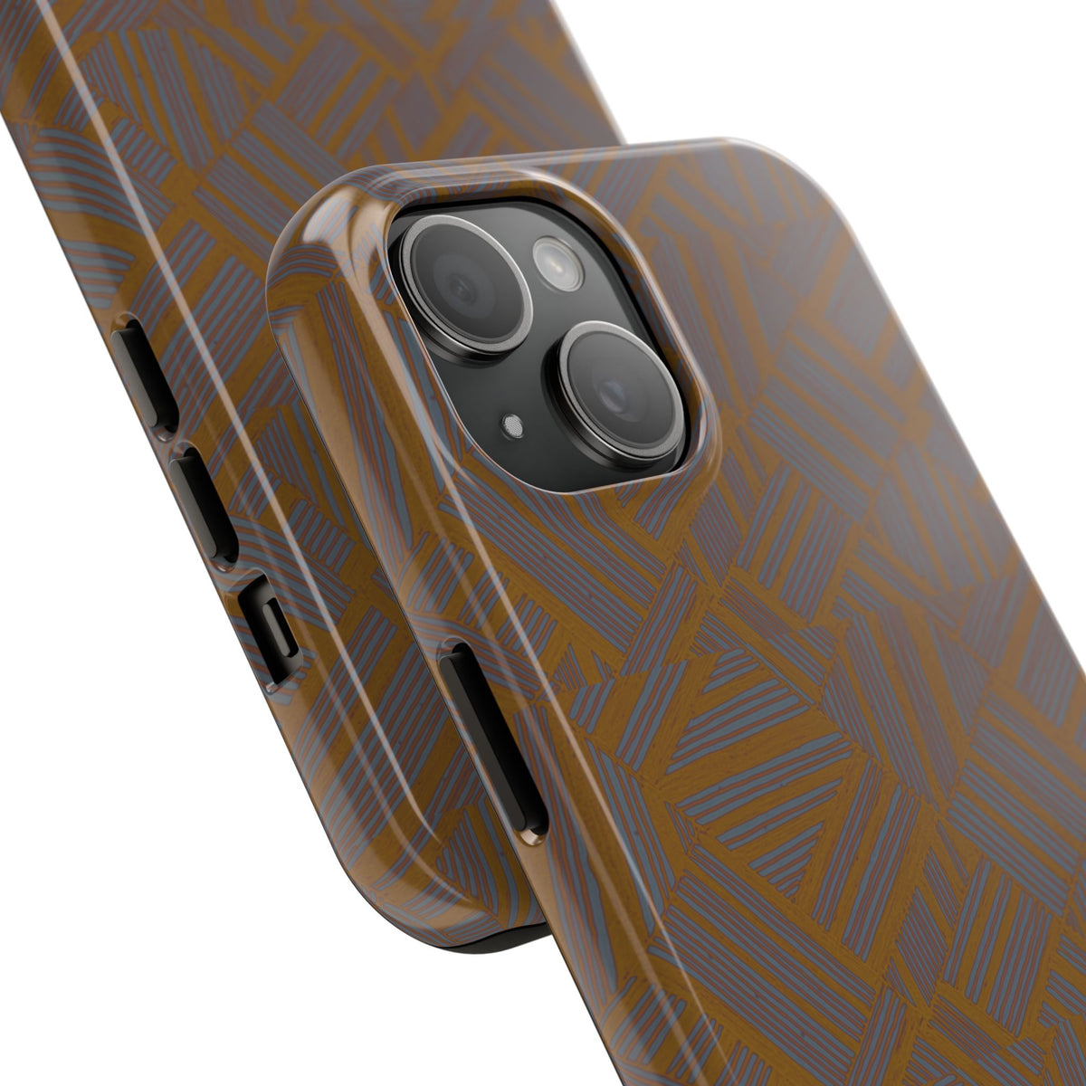 Tough Phone Case — Geometric Maze Brown Protective Cover, wireless charging iphone 18 pro max case highlighting the glossy geometric finish in use.