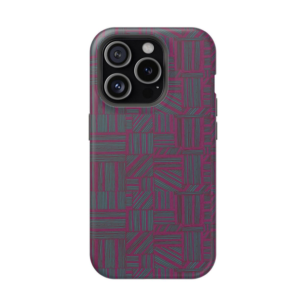 Slim Protective Phone Case With MagSafe, Dual-Layer Impact Protection, Plum Geometric Design, rear view featuring a vertical multi-lens camera cutout; slim protective iphone 16 promax  case.