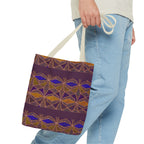 Bohemian Geometric Pattern Tote Bag — Purple & Gold All-Over Print, model carrying a cream-handle printed canvas tote
