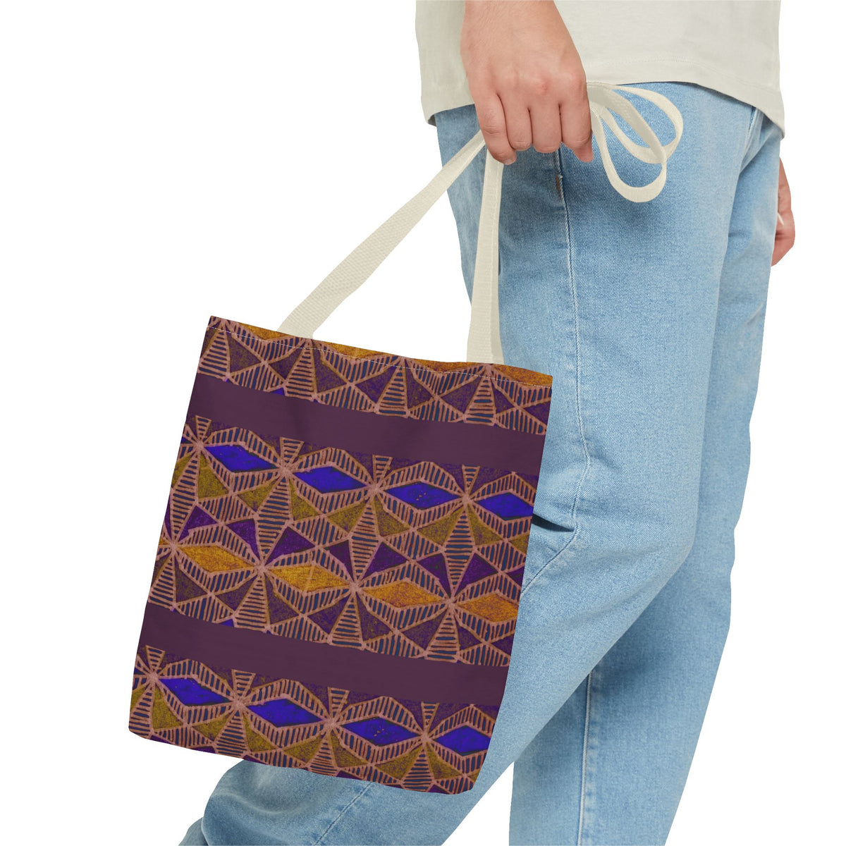 Bohemian Geometric Pattern Tote Bag — Purple & Gold All-Over Print, model carrying a cream-handle printed canvas tote