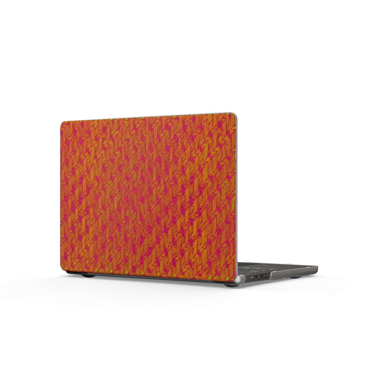 Close-up view of the Orange Pink Houndstooth Matte MacBook Case, displaying its beautiful retro pattern. This retro MacBook skin is a go-to for anyone gearing up for back to school, providing a lively colorful case for college laptops. Perfect for female students wanting artistic flair in their creative laptop cover, it also acts as a matte laptop protective skin, making it the ultimate tech gift.