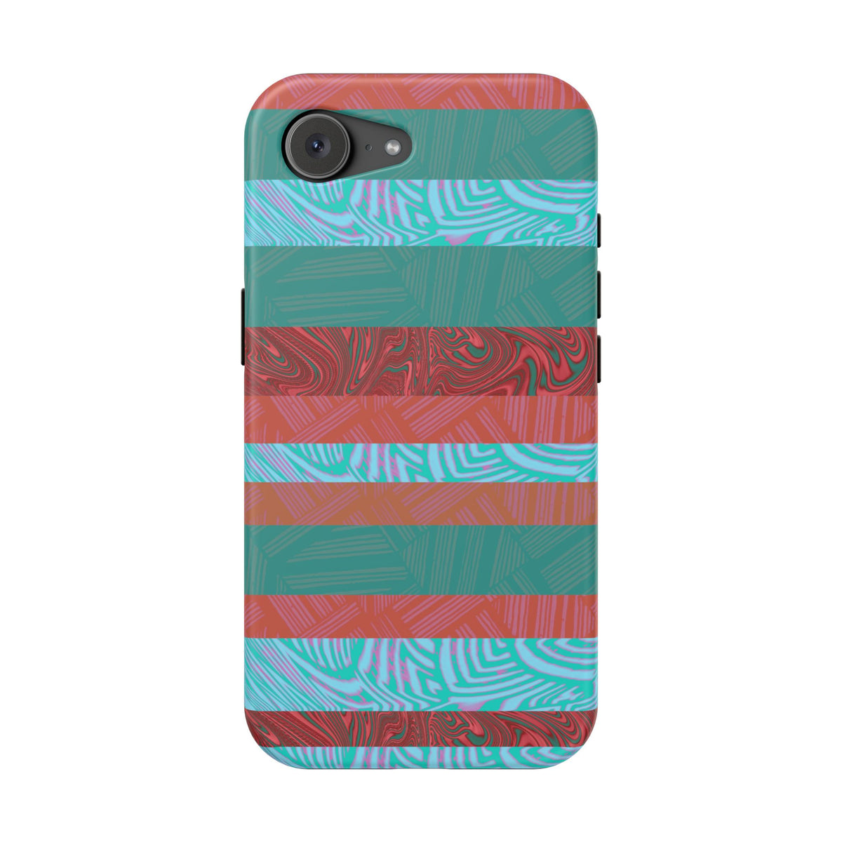 Striped Teal & Coral Magnetic Impact Phone Case protective edges and cutouts, Fractyl magsafe compatible iphone 18 pro max case