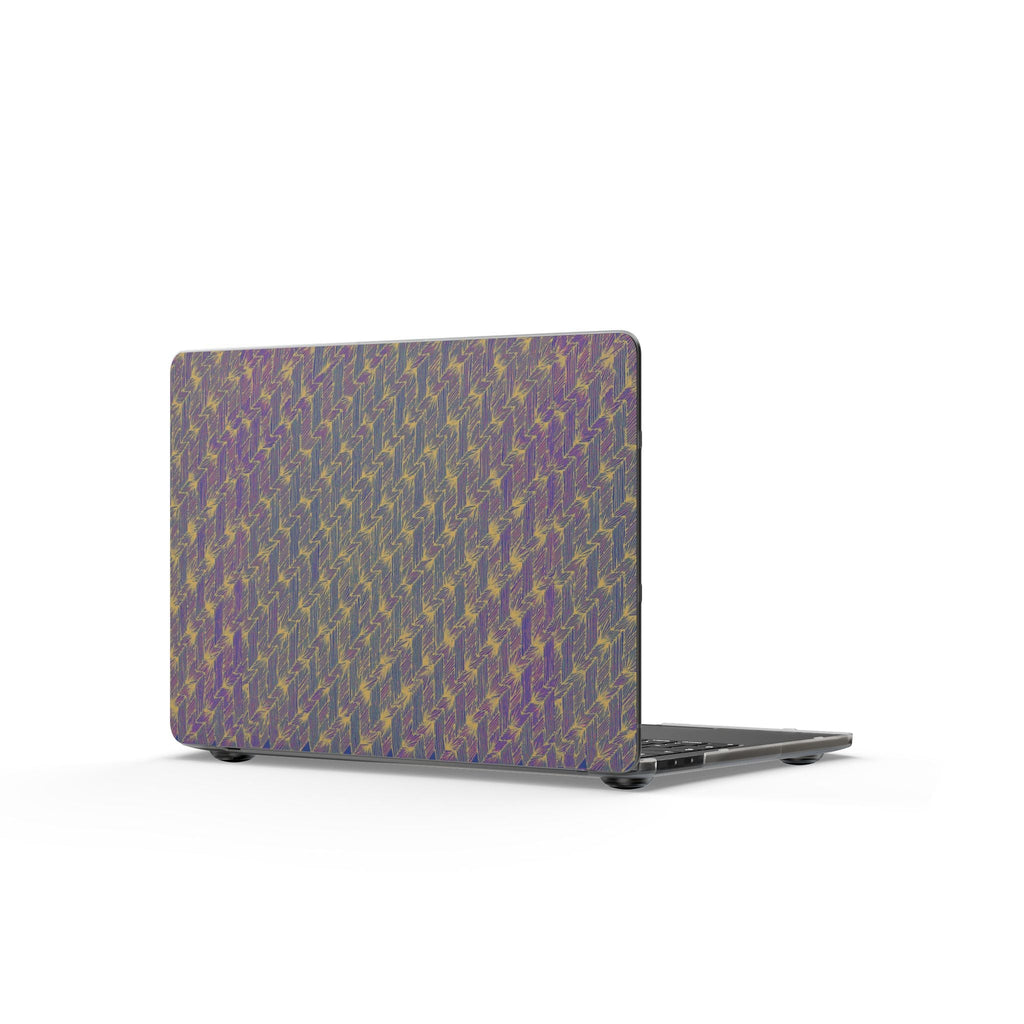 Iridescent Houndstooth Matte MacBook Case — Purple Gold Patterned Laptop Cover depicted as a slim laptop protective case, suitable for artistic laptop users. A perfect back to school option, this boho MacBook cover enhances everyday carry. An excellent gift for students, ensuring optimal MacBook protection. The matte finish adds a chic pastel touch to purple laptops, making it a stylish choice for work from home.