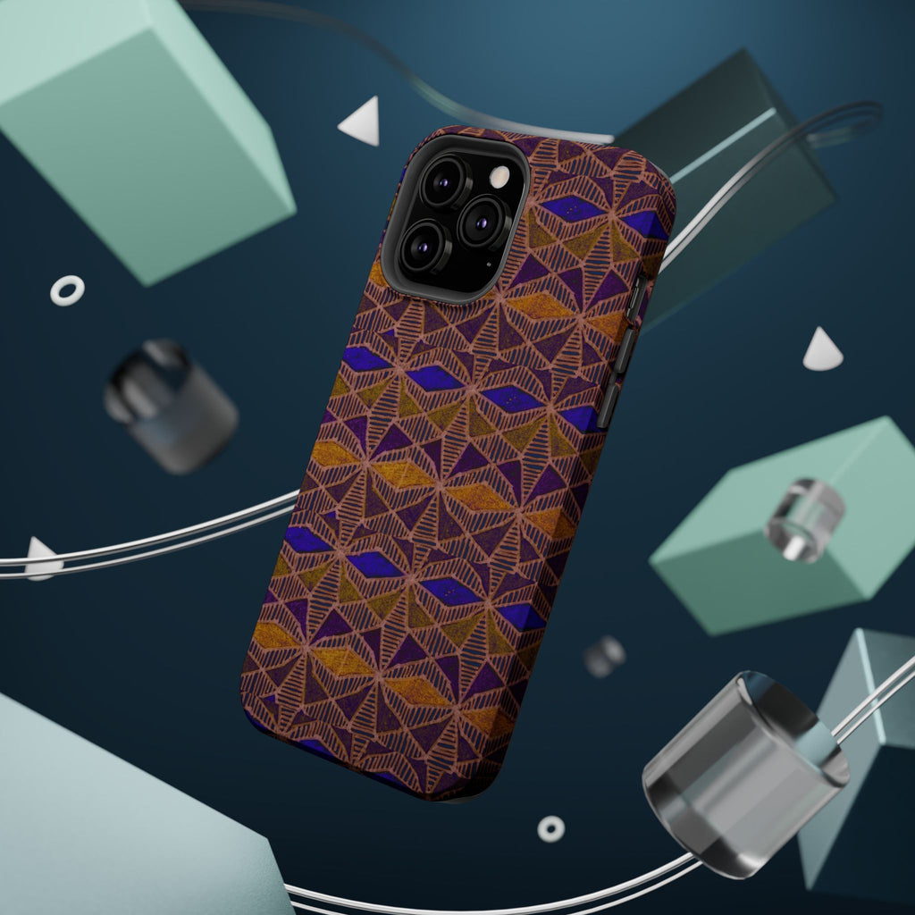 Phone Case — Geometric Tribal Pattern Magnetic Impact-Resistant Case, Fractyl impact resistant iphone 16 pro case presented in an exploded view with a visible magnetic charging ring.