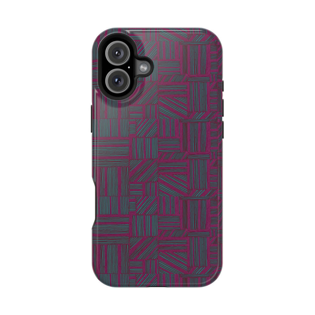 Slim Protective Phone Case With MagSafe, Dual-Layer Impact Protection, Plum Geometric Design, rear profile designed for a two-lens camera layout; slim protective iphone 16 promax  case.