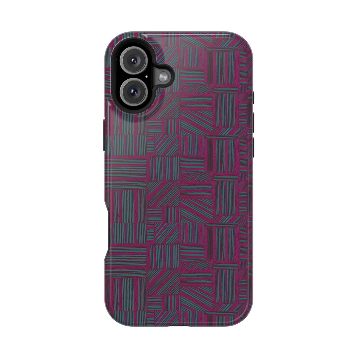Slim Protective Phone Case With MagSafe, Dual-Layer Impact Protection, Plum Geometric Design, rear profile designed for a two-lens camera layout; slim protective iphone 16 promax  case.