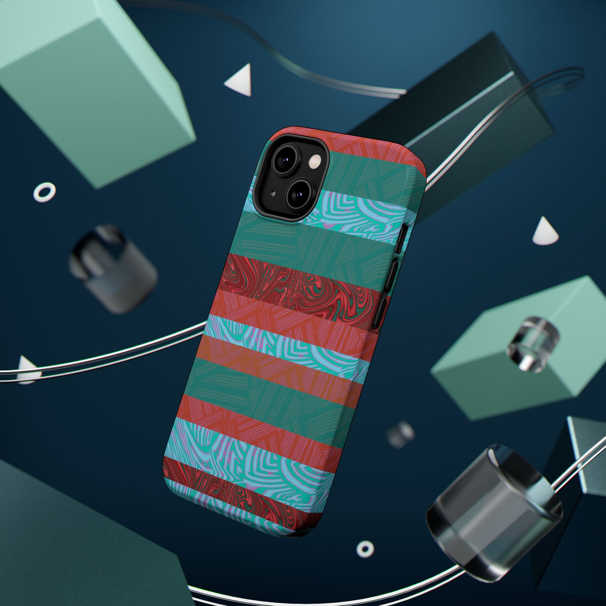 Striped Teal & Coral Magnetic Impact Phone Case protective camera surround, Fractyl magsafe compatible iphone 18 pro max case