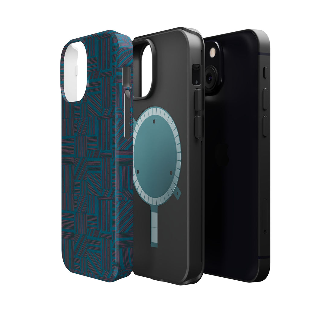 Impact Resistant Phone Case-20% OFF Entire Order, And Free Shipping, Teal Geometric MagSafe exploded view showing polycarbonate shell and inner liner; impact resistant iphone 17 case-20% OFF Entire Order, and Free Shipping.